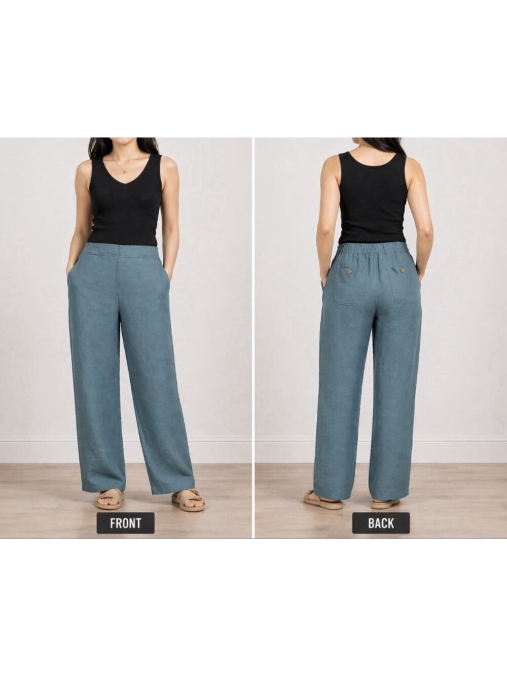 Vikolino Dark Green Wide Leg Pants Size XL Stretch Linen Lagenlook NEW $228